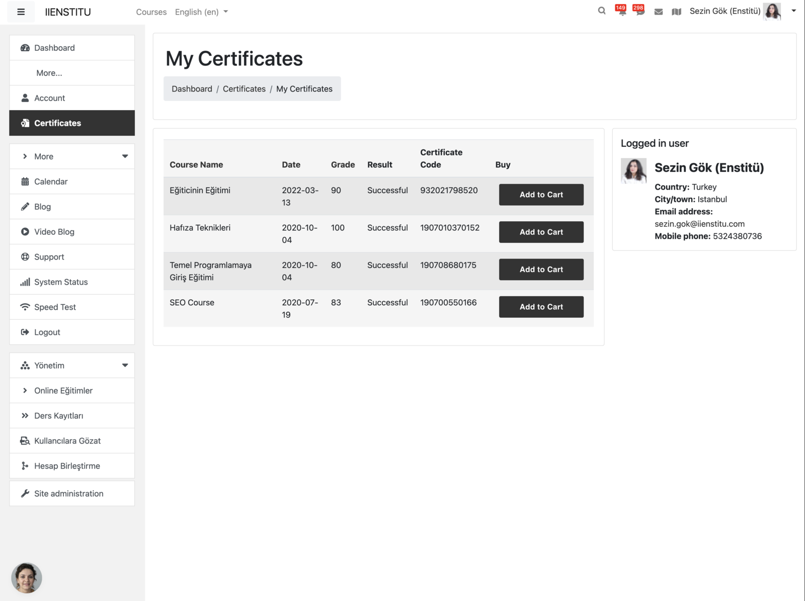 Add to cart your certificate